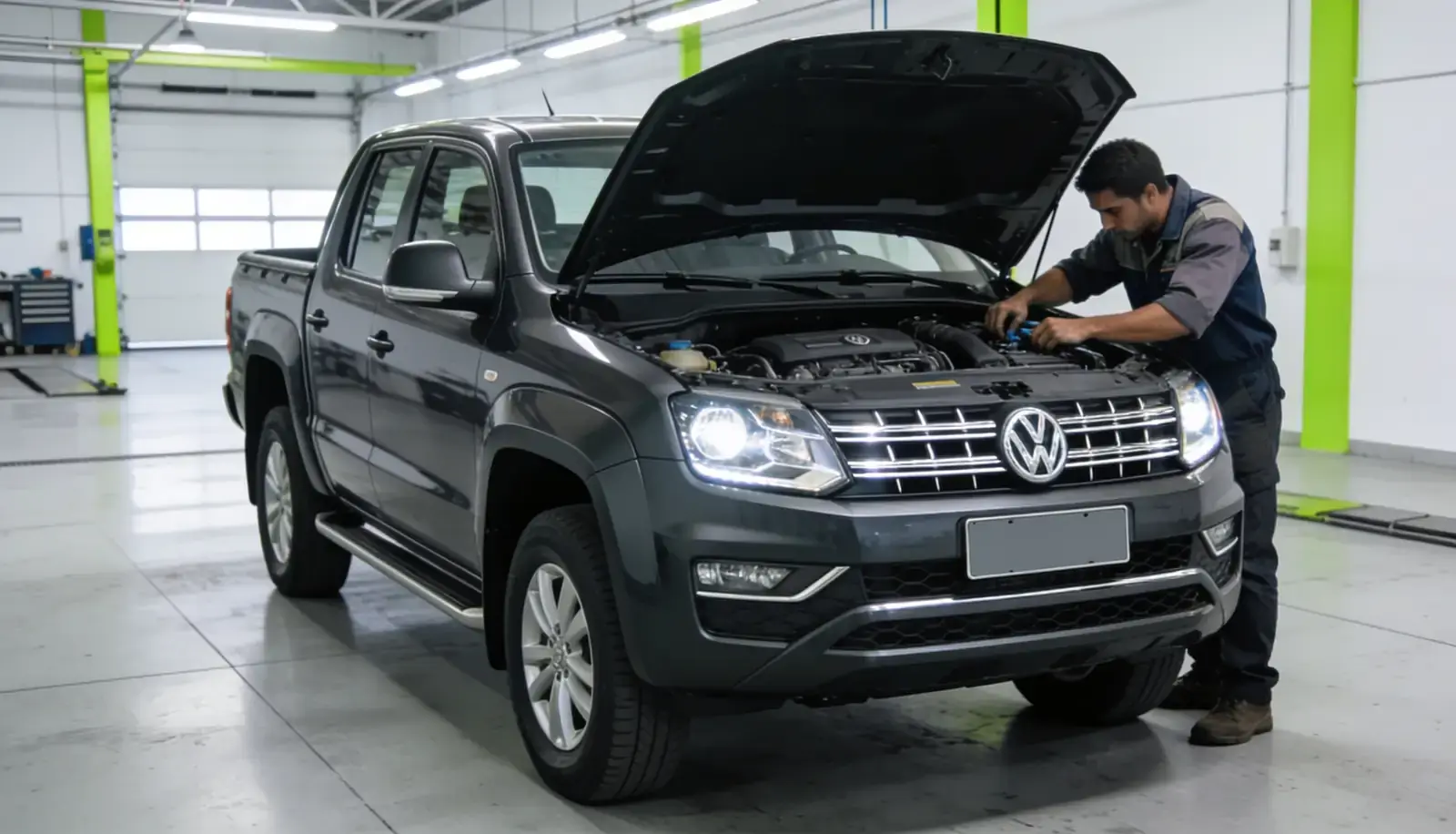 Volkswagen Amarok elevada para manutenção na Cidade Automotiva
