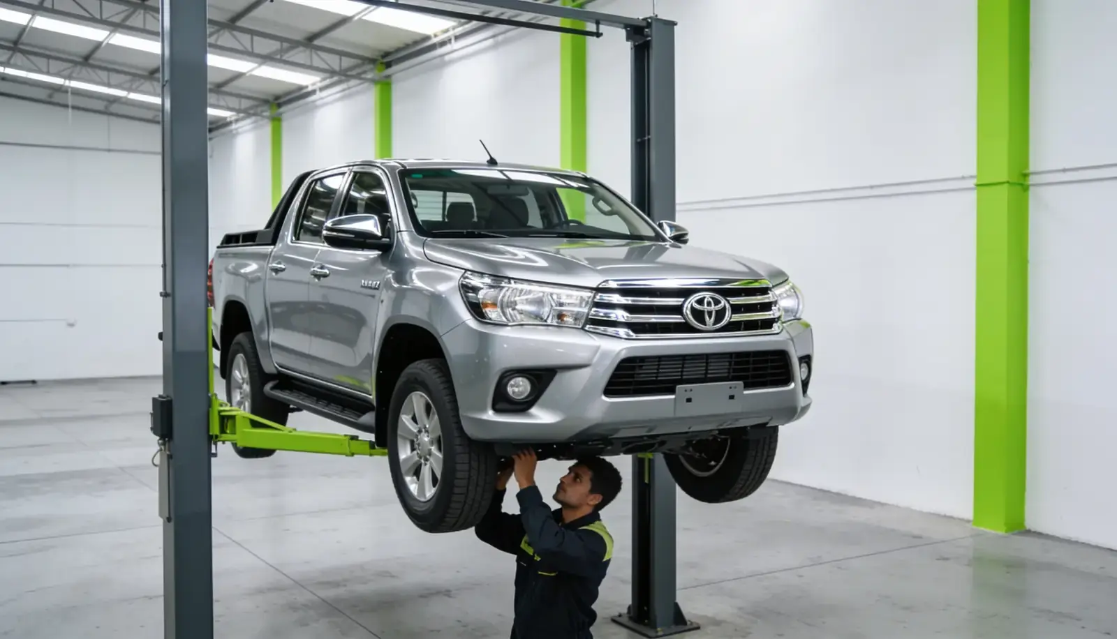 Toyota Hilux elevada para manutenção na Cidade Automotiva