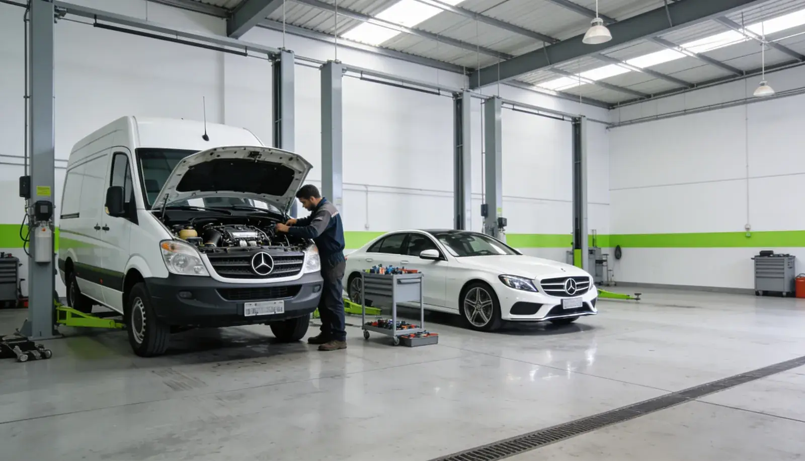 Mercedes-Benz em manutenção no pátio da Cidade Automotiva