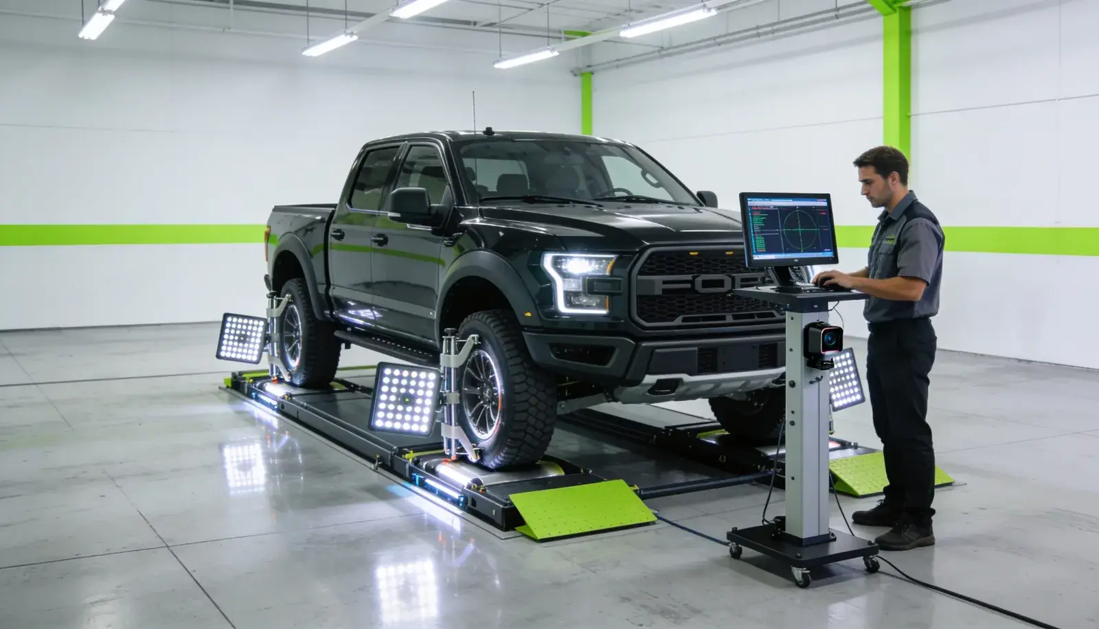 Alinhador computadorizado em operação na Cidade Automotiva
